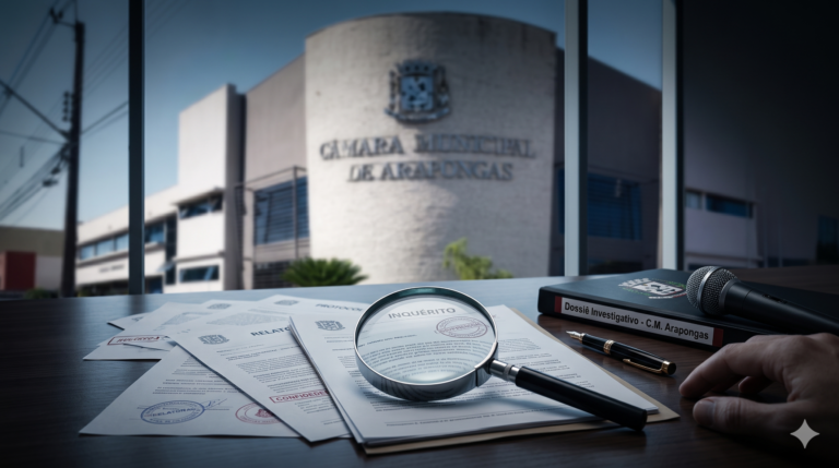 Documentos de investigação com lupa sobre o relatório policial da Câmara Municipal de Arapongas