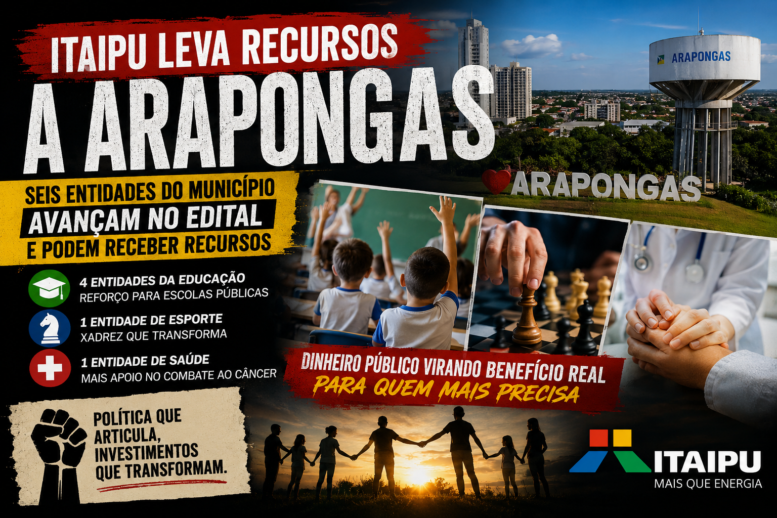 Itaipu leva recursos a Arapongas por meio do Edital 01/26, beneficiando seis entidades das áreas de educação, esporte e saúde, fortalecendo projetos comunitários.